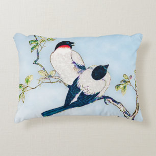 Vintage Japanese Ink Sketch of Finches Decorative Pillow