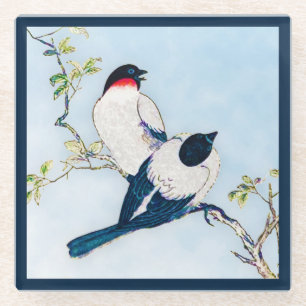 Vintage Japanese Ink Sketch of Finches Glass Coaster