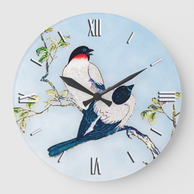 Vintage Japanese Ink Sketch of Finches Large Clock (Front)