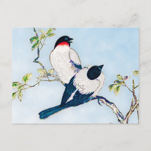 Vintage Japanese Ink Sketch of Finches Postcard