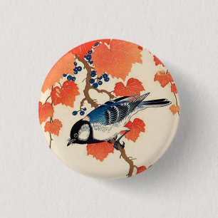 Vintage Japanese Jay Bird and Autumn Grapevine 1 Inch Round Button