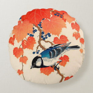 Vintage Japanese Jay Bird and Autumn Grapevine Round Pillow