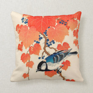 Vintage Japanese Jay Bird and Autumn Grapevine Throw Pillow