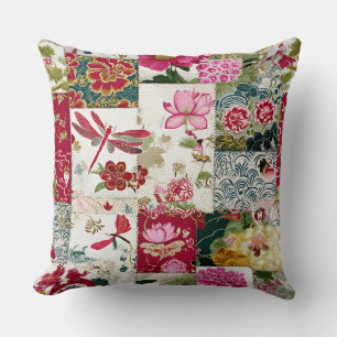 Vintage Japanese Kimono Floral Patchwork Throw Pillow