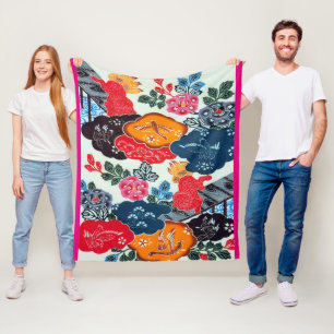Vintage Japanese Kimono Textile (Bingata) Fleece Blanket