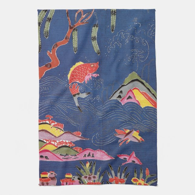 Vintage Japanese Kimono Textile (Bingata) Kitchen Towel (Vertical)
