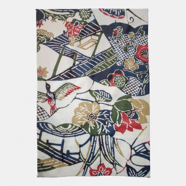 Vintage Japanese Kimono Textile (Bingata) Kitchen Towel (Vertical)