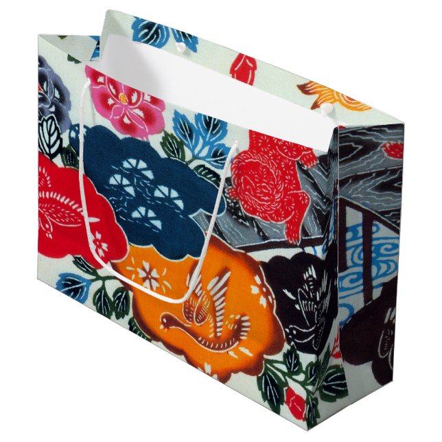 Vintage Japanese Kimono Textile (Bingata) Large Gift Bag (Front Angled)