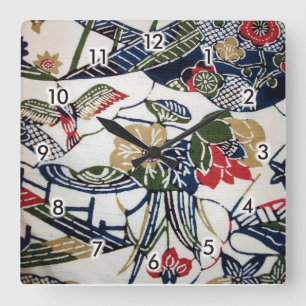Vintage Japanese Kimono Textile (Bingata) Square Wall Clock