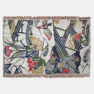 Vintage Japanese Kimono Textile (Bingata) Throw Blanket