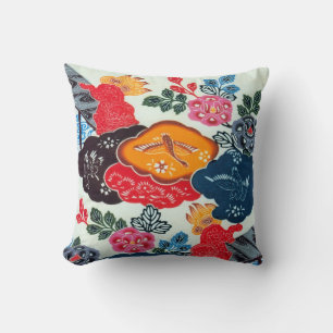 Vintage Japanese Kimono Textile (Bingata) Throw Pillow