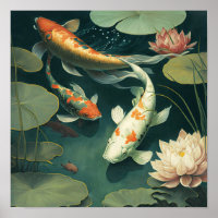 Vintage Japanese Koi Fish Pond Art Print Poster