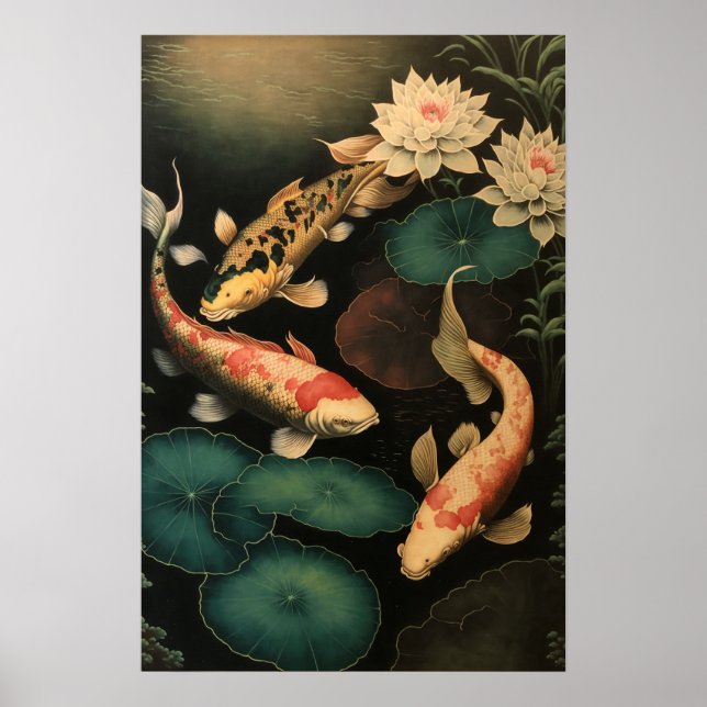 Vintage Japanese Koi Fish Pond Art Print Poster (Front)