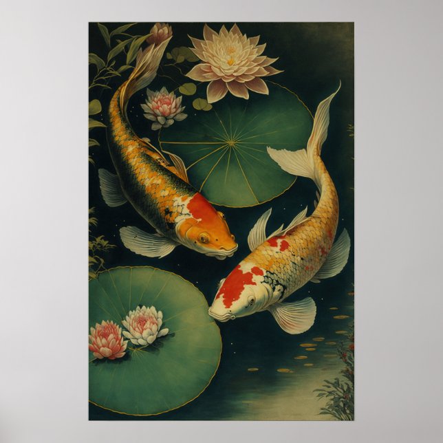 Vintage Japanese Koi Fish Pond Art Print Poster (Front)