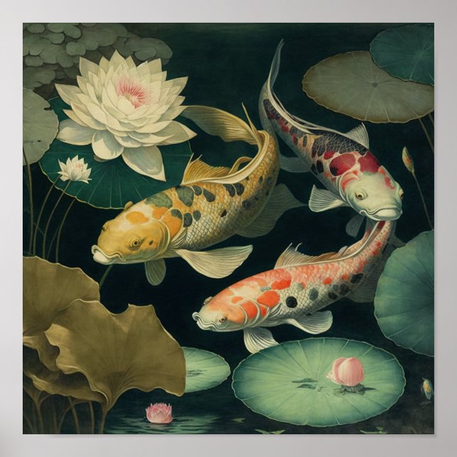 Vintage Japanese Koi Fish Pond Art Print Poster (Front)