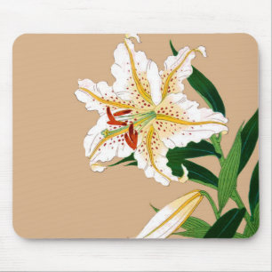 Vintage Japanese Liliy. White, Green and Beige Mouse Pad