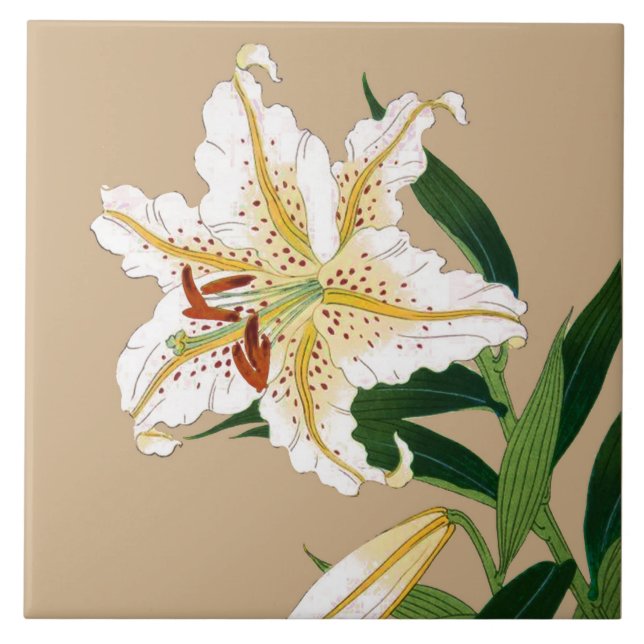 Vintage Japanese Liliy. White, Green and Beige Tile (Front)