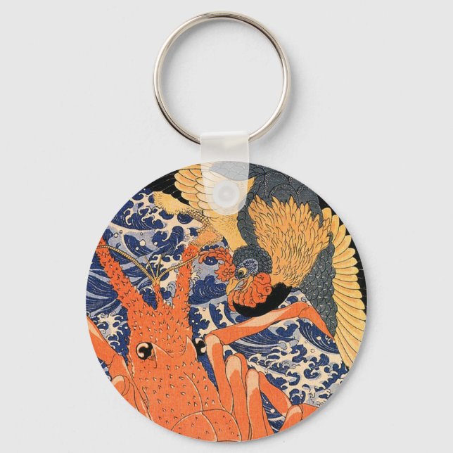 Vintage Japanese Lobster and Bird Ukiyo-e Keychain (Front)
