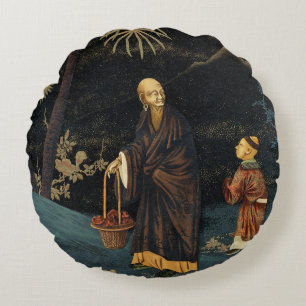 Vintage Japanese Monk and Child G.A. Audsley Round Pillow
