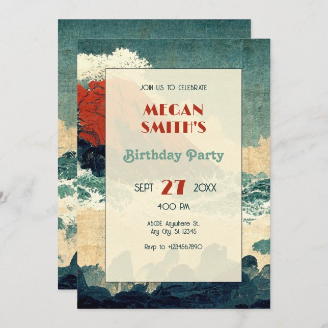 Vintage Japanese paint wave mountain Invitation (Front/Back)