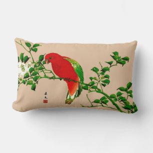 Vintage Japanese Painting of a Parrot, Red & Green Lumbar Pillow