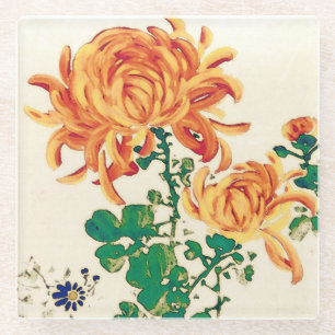 Vintage Japanese Painting of Chrysanthemums Glass Coaster