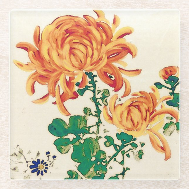 Vintage Japanese Painting of Chrysanthemums Glass Coaster (Front)