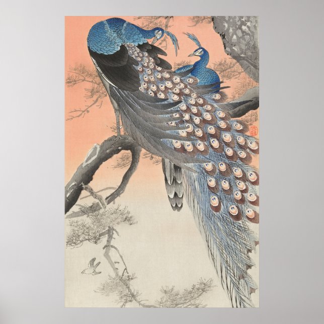 Vintage Japanese Peacocks on Tree Branch Poster (Front)