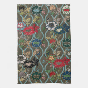 Vintage Japanese Peony Ogee Floral Pattern Kitchen Towel