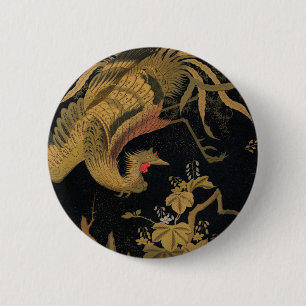 Vintage Japanese Phoenix Gold Black Bird 2 Inch Round Button