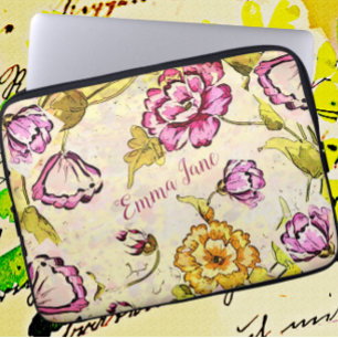 Vintage Japanese Pretty Floral Watercolor and Ink  Laptop Sleeve
