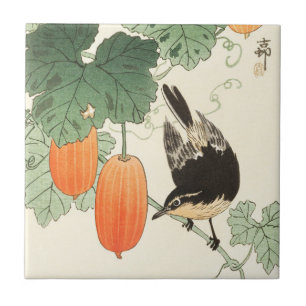 Vintage Japanese Print Orange Fruit with Bird Tile