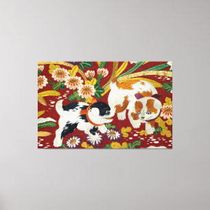Vintage Japanese Puppy and Flower Canvas Print
