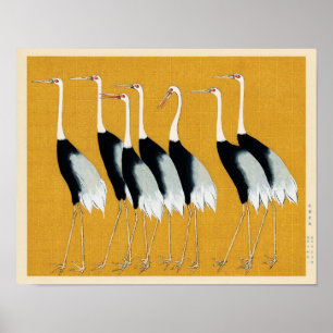 Vintage Japanese Red Crown Crane Illustration Poster