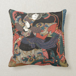 Vintage Japanese Red Dragon Throw Pillow