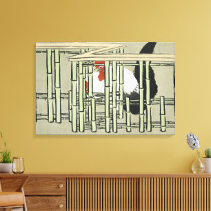 Vintage Japanese Rooster Behind Bamboo Fence Art Canvas Print