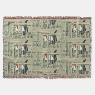 Vintage Japanese Rooster Behind Bamboo Fence Art Throw Blanket