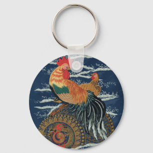 Vintage Japanese Rooster Hen Dragon Art Keychain