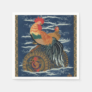 Vintage Japanese Rooster Hen Dragon Art Napkin