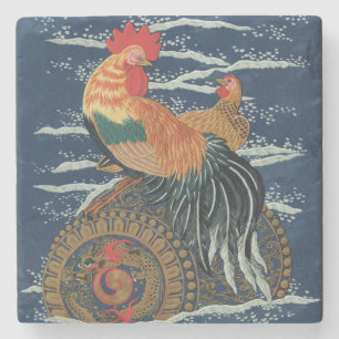 Vintage Japanese Rooster Hen Dragon Art Stone Coaster