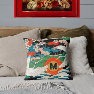Vintage Japanese Sakura and Red Crowned Cranes Throw Pillow