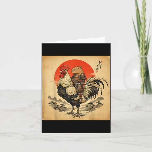 Vintage Japanese Samurai Capybara Rooster Chicken  Card (Front)