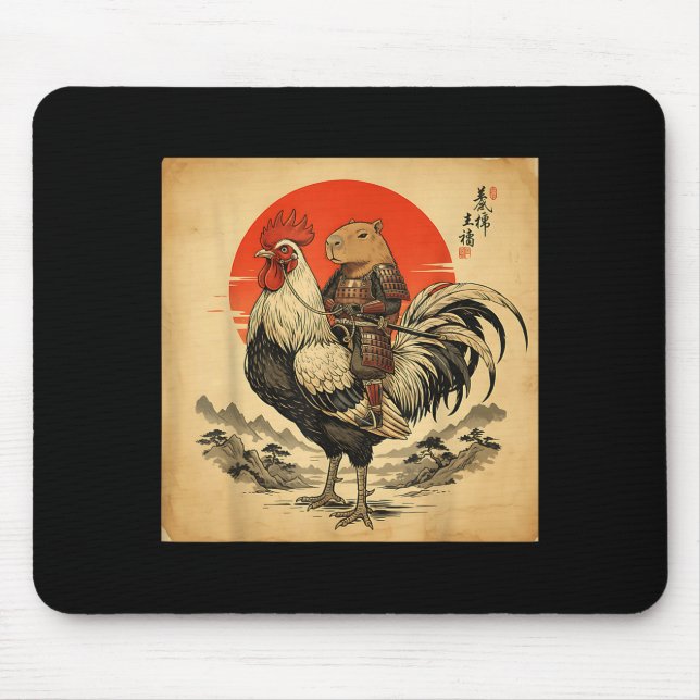 Vintage Japanese Samurai Capybara Rooster Chicken  Mouse Pad (Front)
