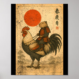 Vintage Japanese Samurai Capybara Rooster Chicken  Poster