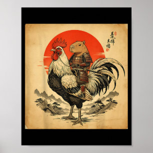 Vintage Japanese Samurai Capybara Rooster Chicken  Poster