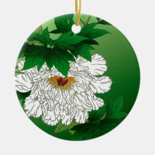 Vintage Japanese Sketch of Large White Peony Ceramic Ornament