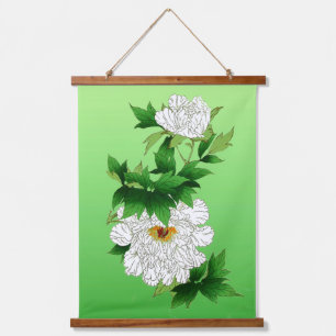 Vintage Japanese Sketch of Large White Peony Hanging Tapestry