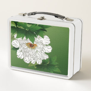 Vintage Japanese Sketch of Large White Peony Metal Lunch Box