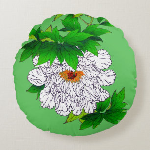 Vintage Japanese Sketch of Large White Peony Round Pillow