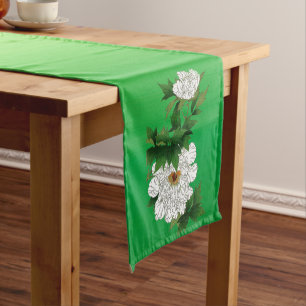 Vintage Japanese Sketch of Large White Peony Short Table Runner